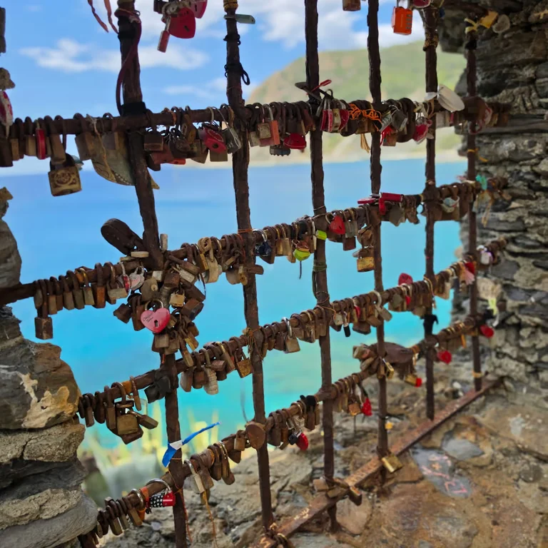 Love locks overlooking the sea in Cinque Terre
