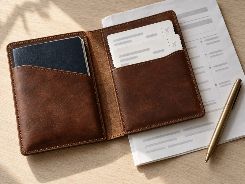 Travel wallet with documents and a brass pen