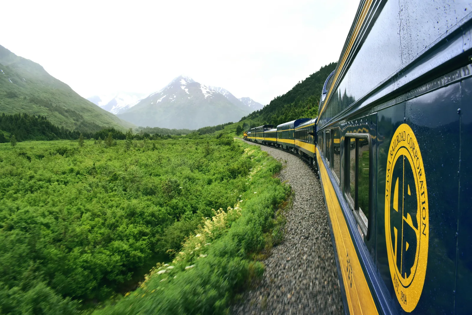 Alaska Railroad passenger train winding through a green mountain valley