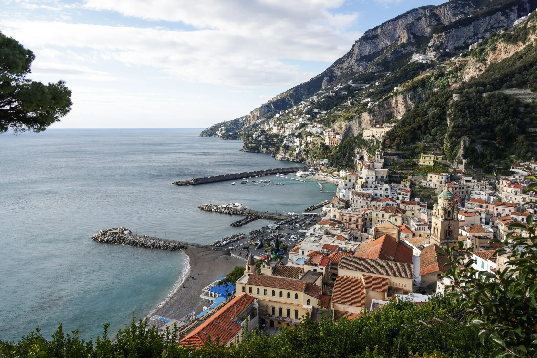 Amalfi’s harbor and hillside buildings along the Italian coast