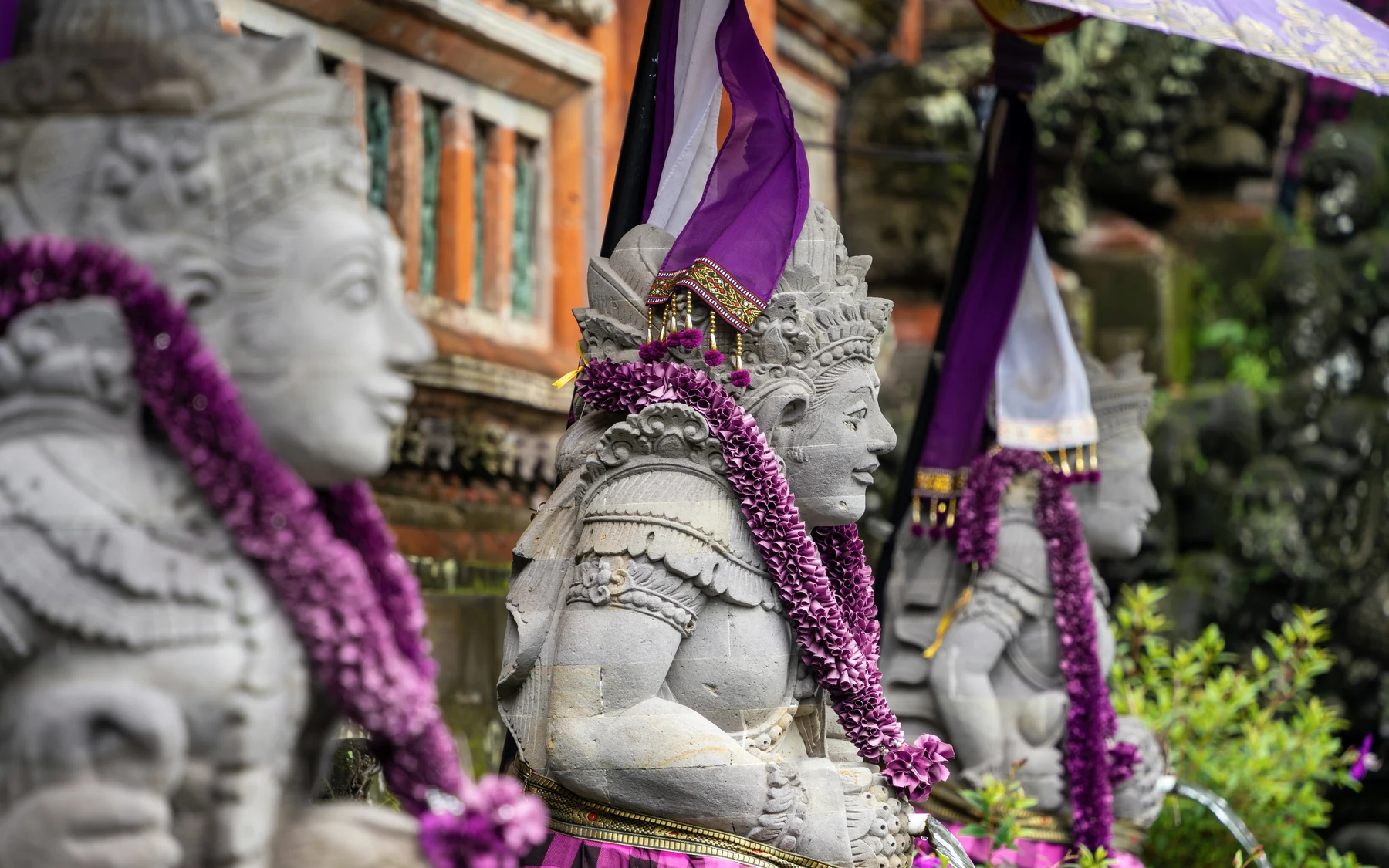 Decorated stone statues at Saraswati Temple in Ubud, Bali