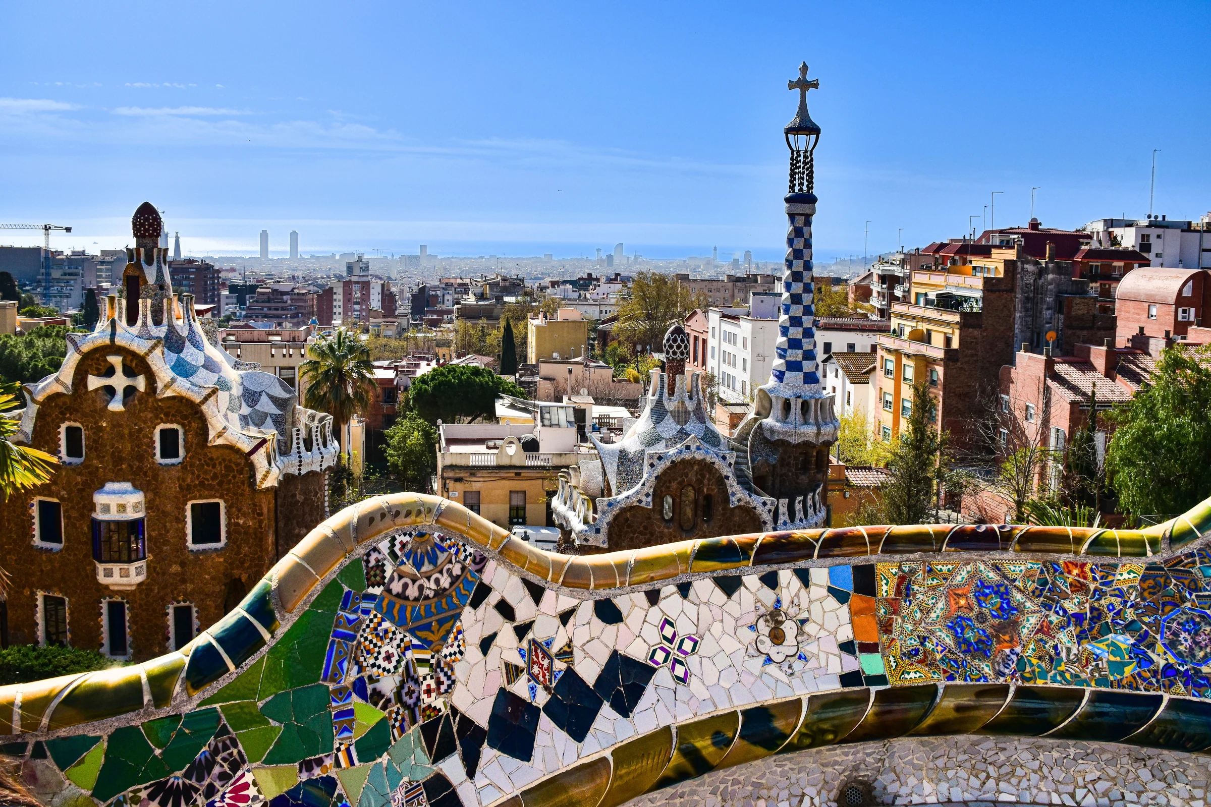 Mosaic architecture at Park Güell overlooking Barcelona