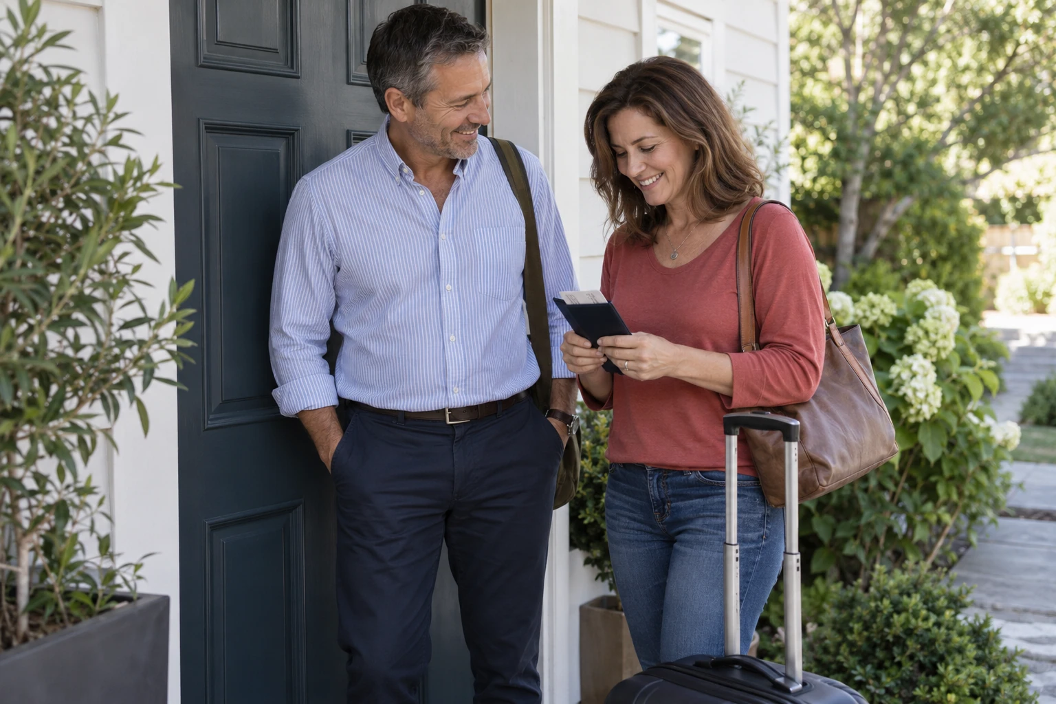 A couple checking their travel documents before leaving home