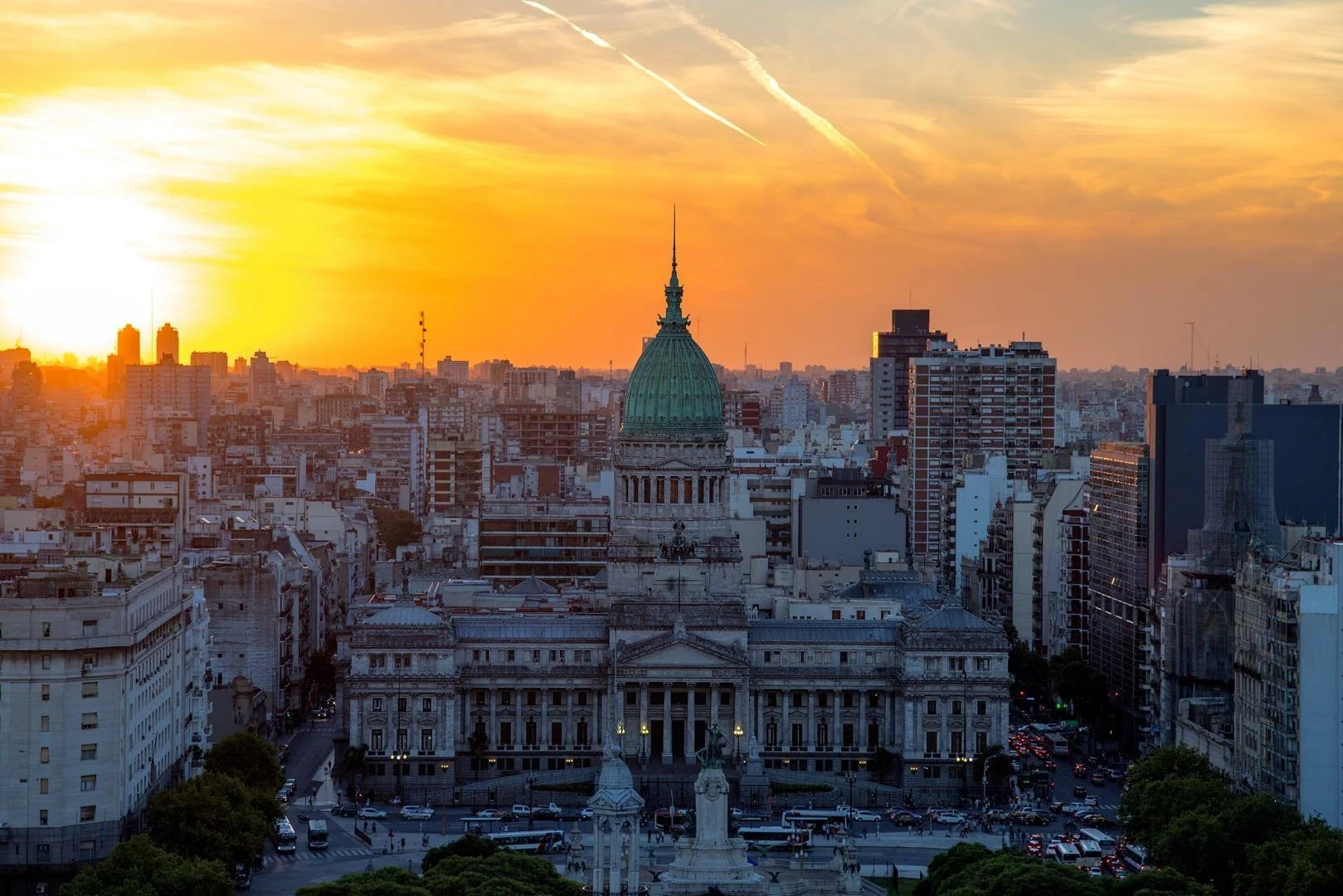 Argentine National Congress and the Buenos Aires skyline at sunset