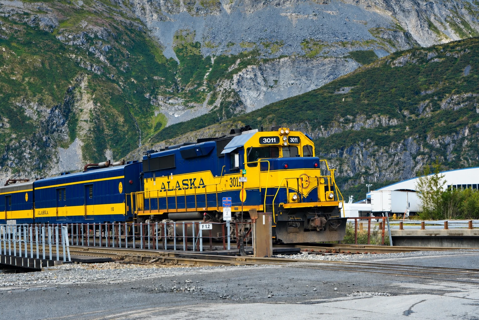 Alaska Railroad train beside mountains and autumn trees