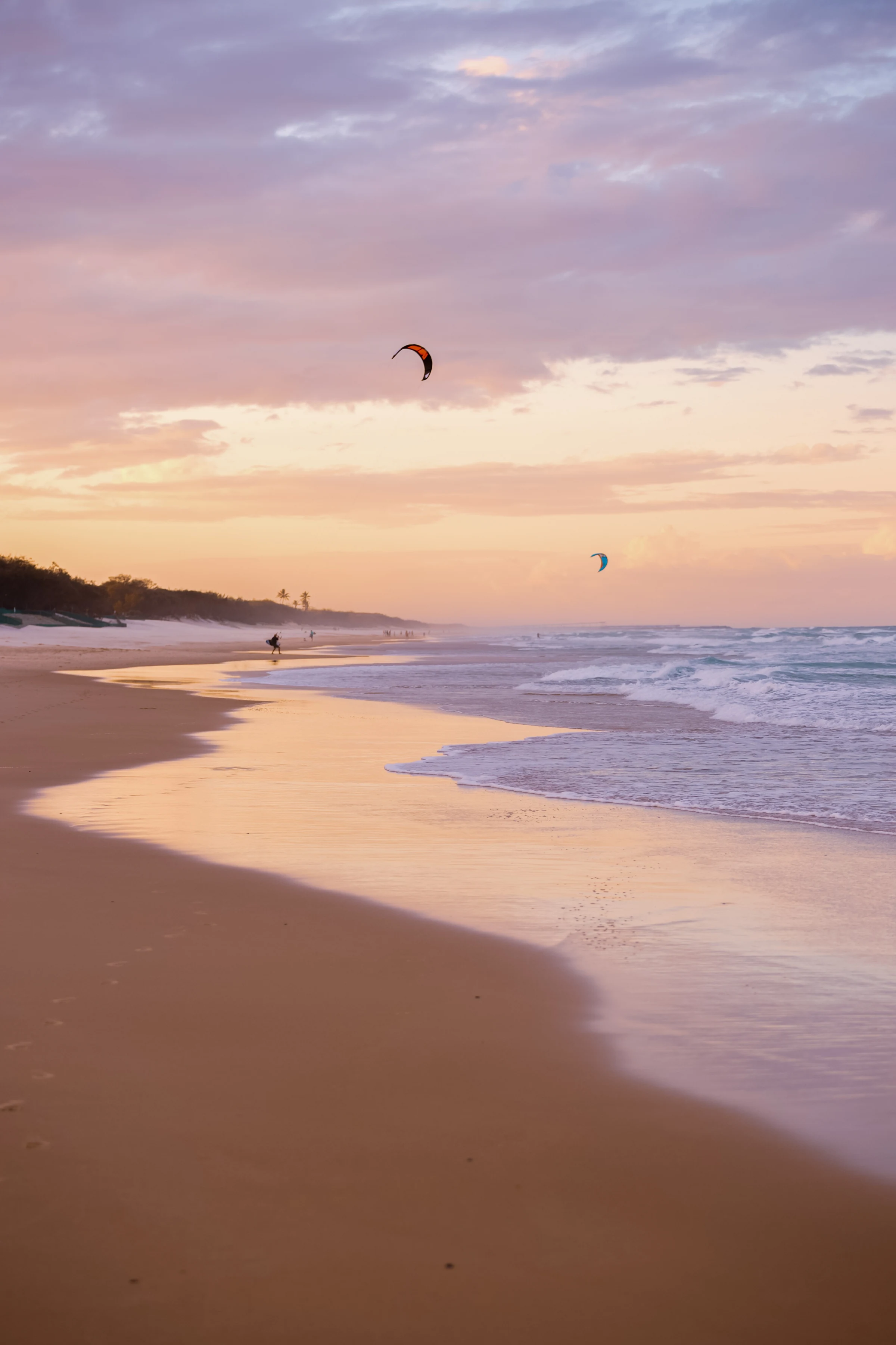 Kites above a Gold Coast beach with waves reflecting the sunset
