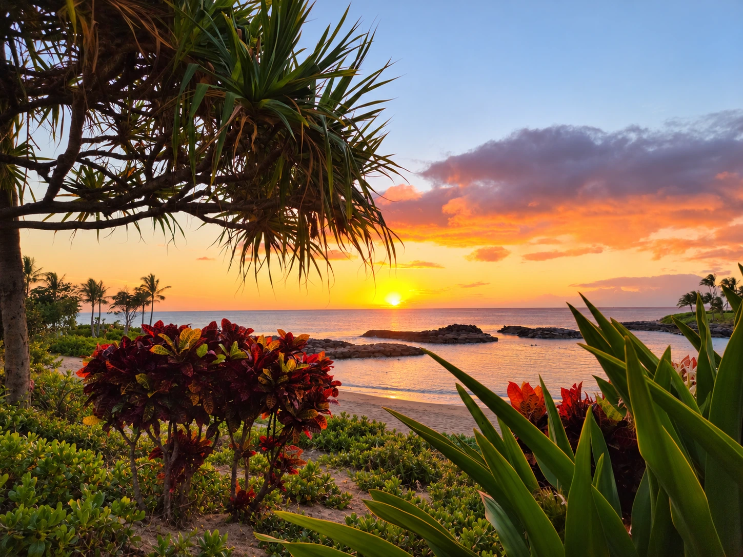 Hawaiian coastal sunset framed by tropical foliage and natural shoreline planting