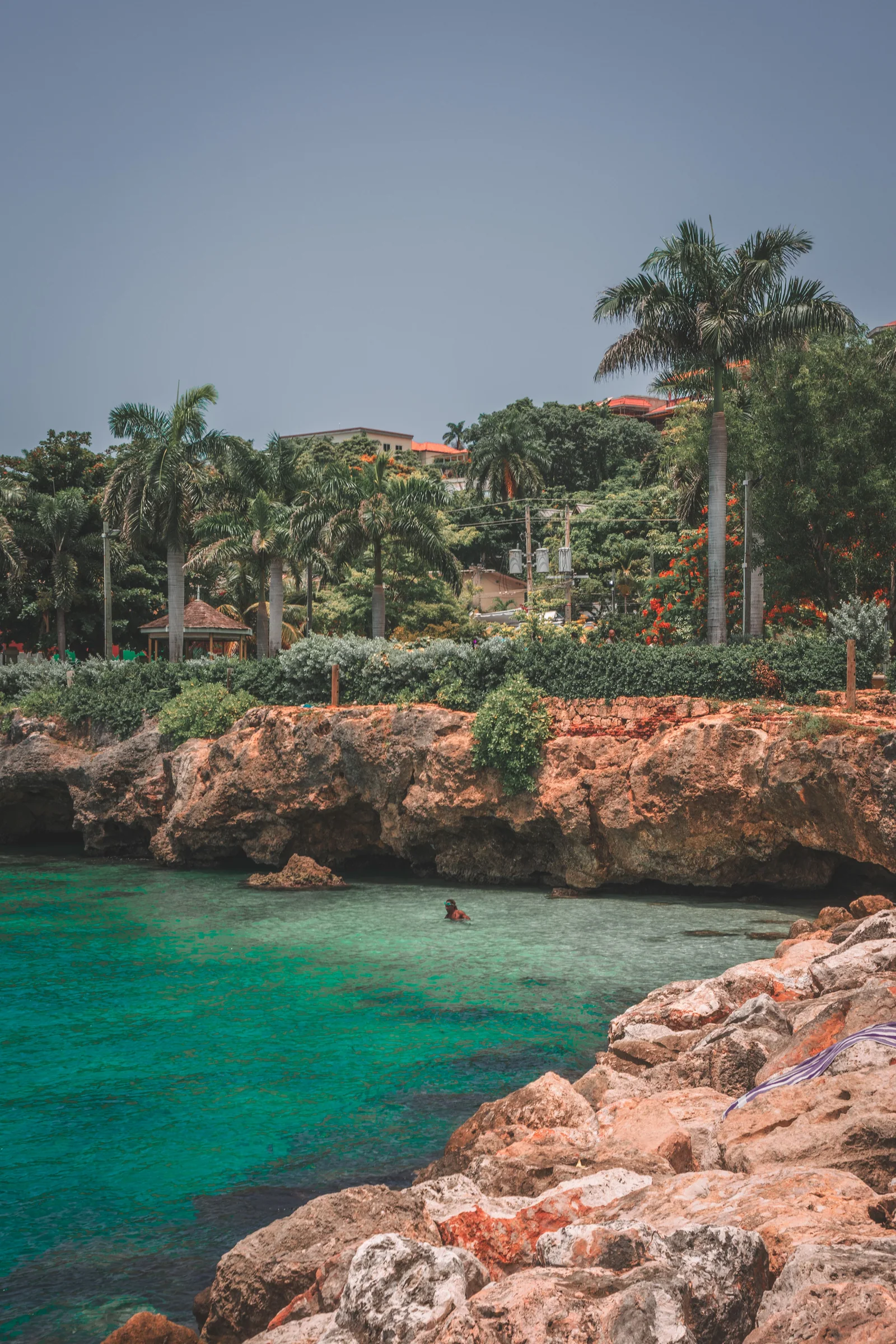 A rocky cove with clear water below palm trees and hillside buildings