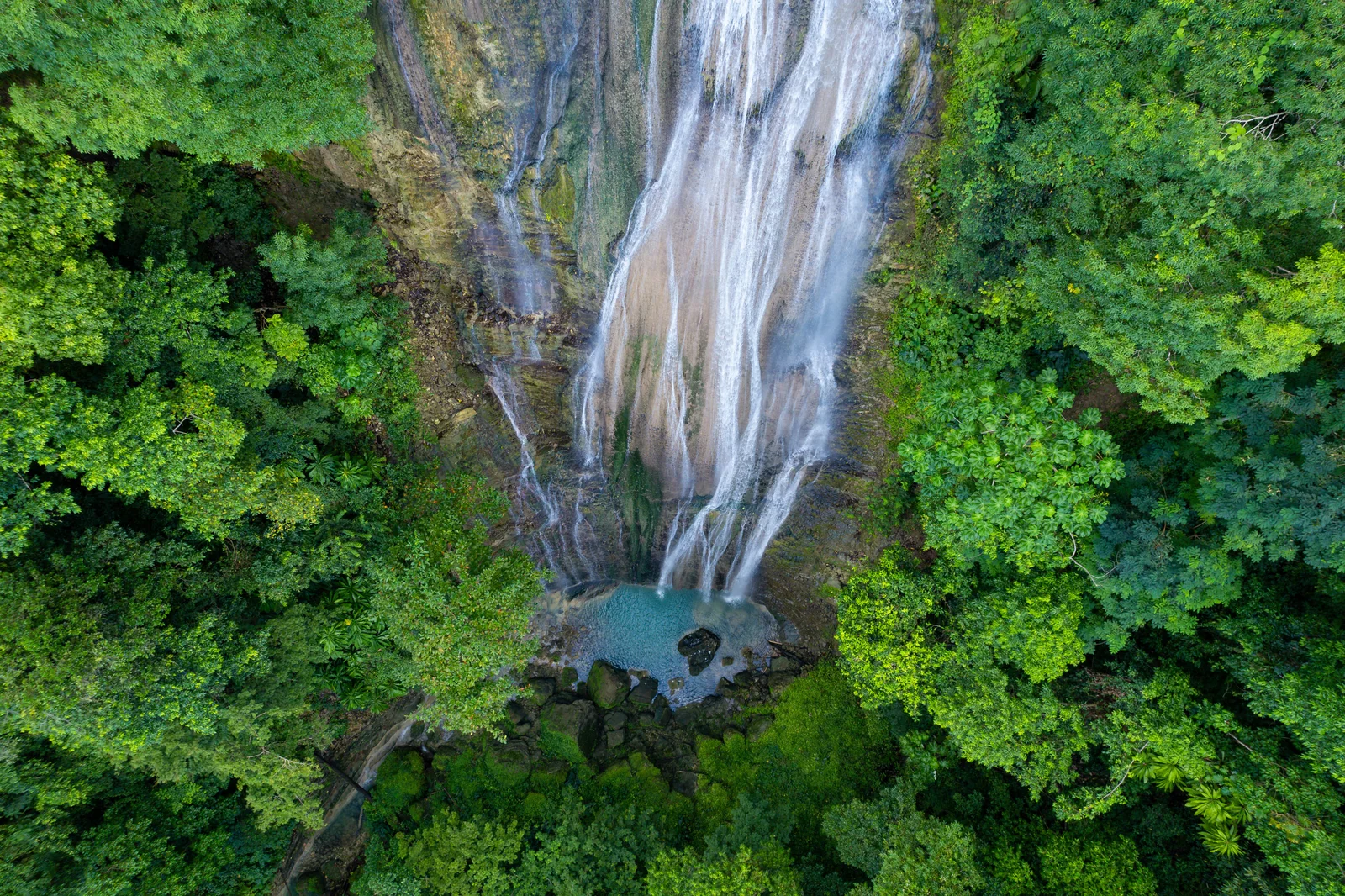 A tall waterfall descending into a small pool surrounded by dense green forest