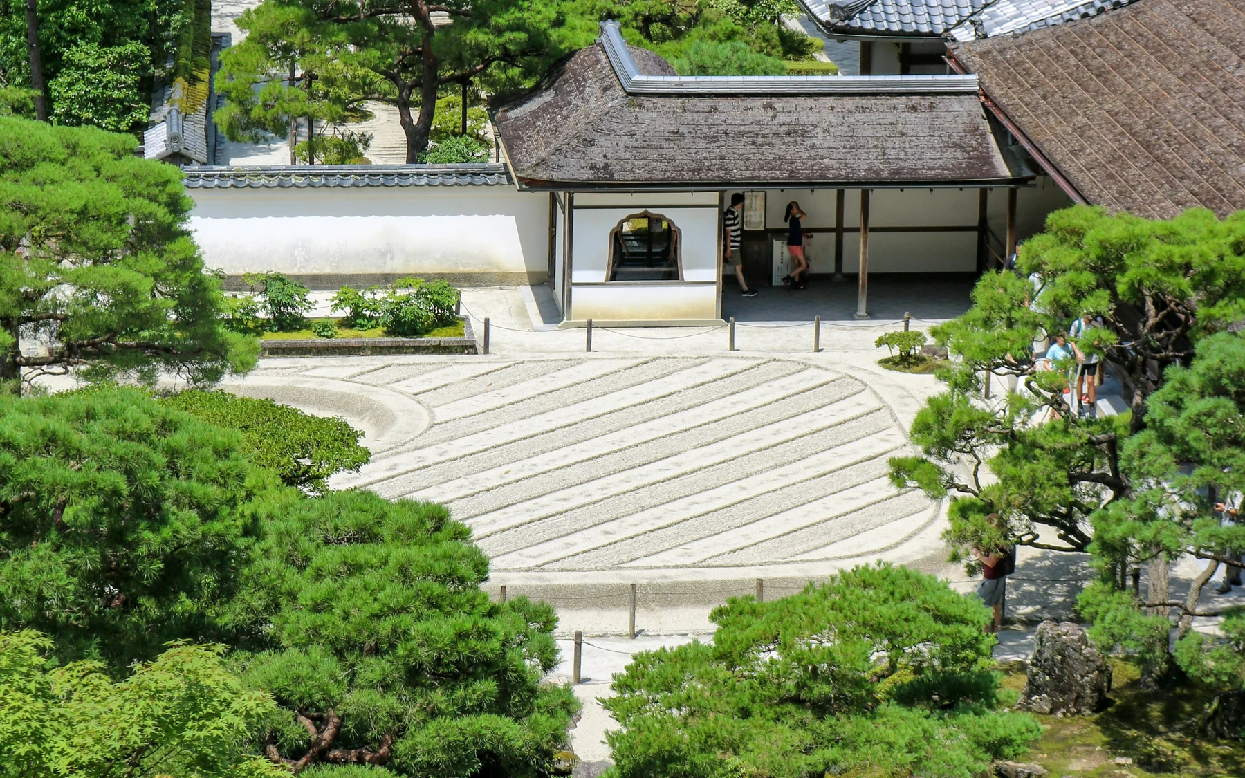 Raked sand, sculpted trees and temple buildings at Ginkakuji in Kyoto