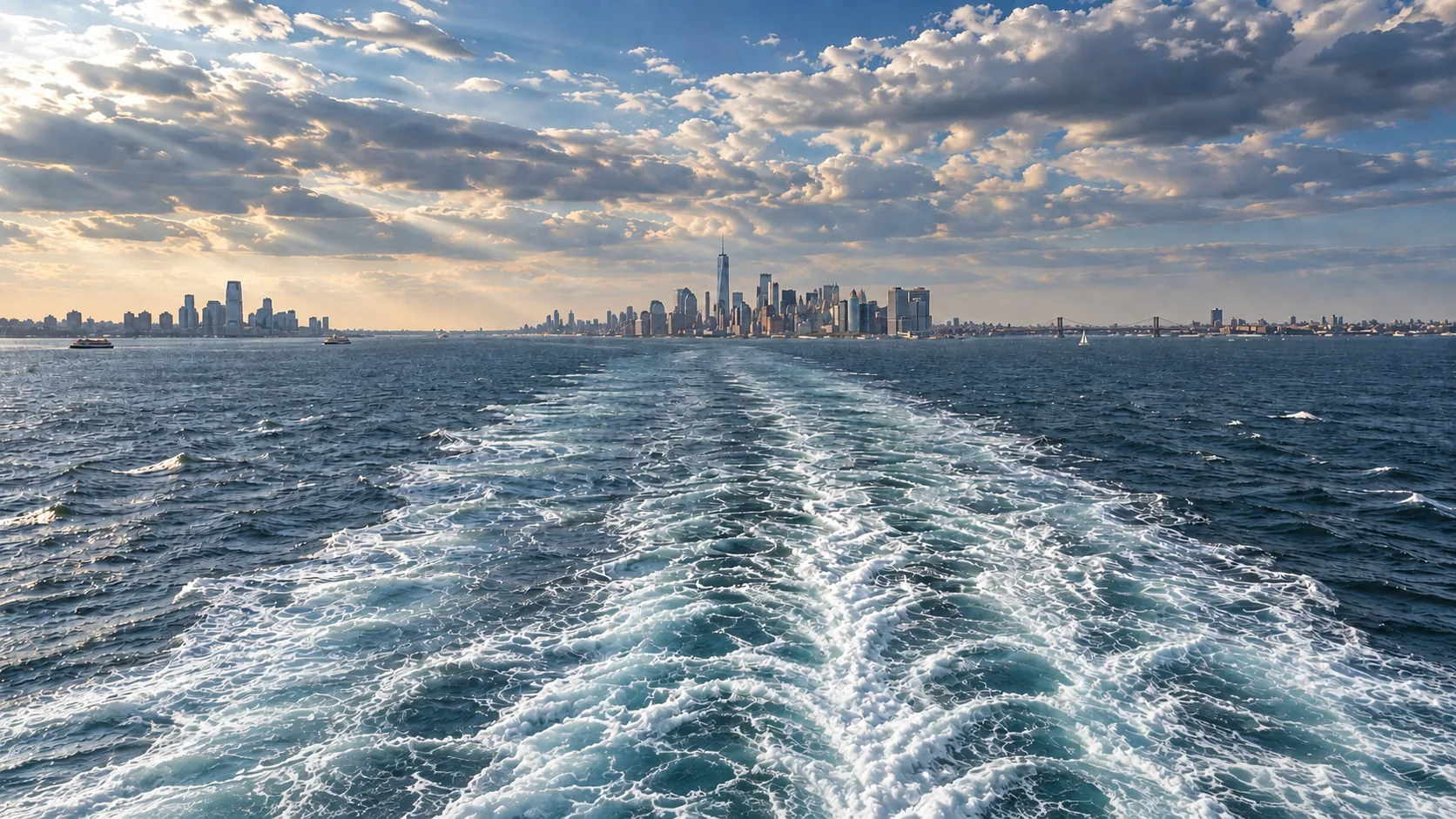 A ship’s wake with the New York skyline on the horizon