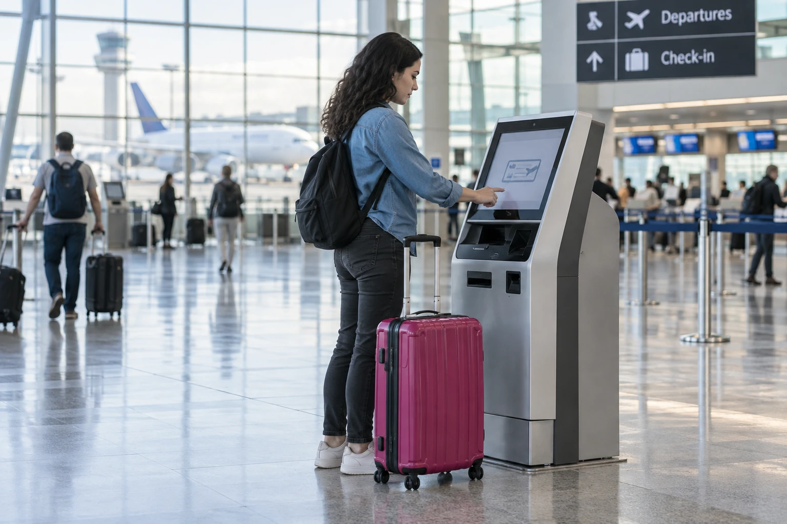 A traveler checking in at an airport kiosk