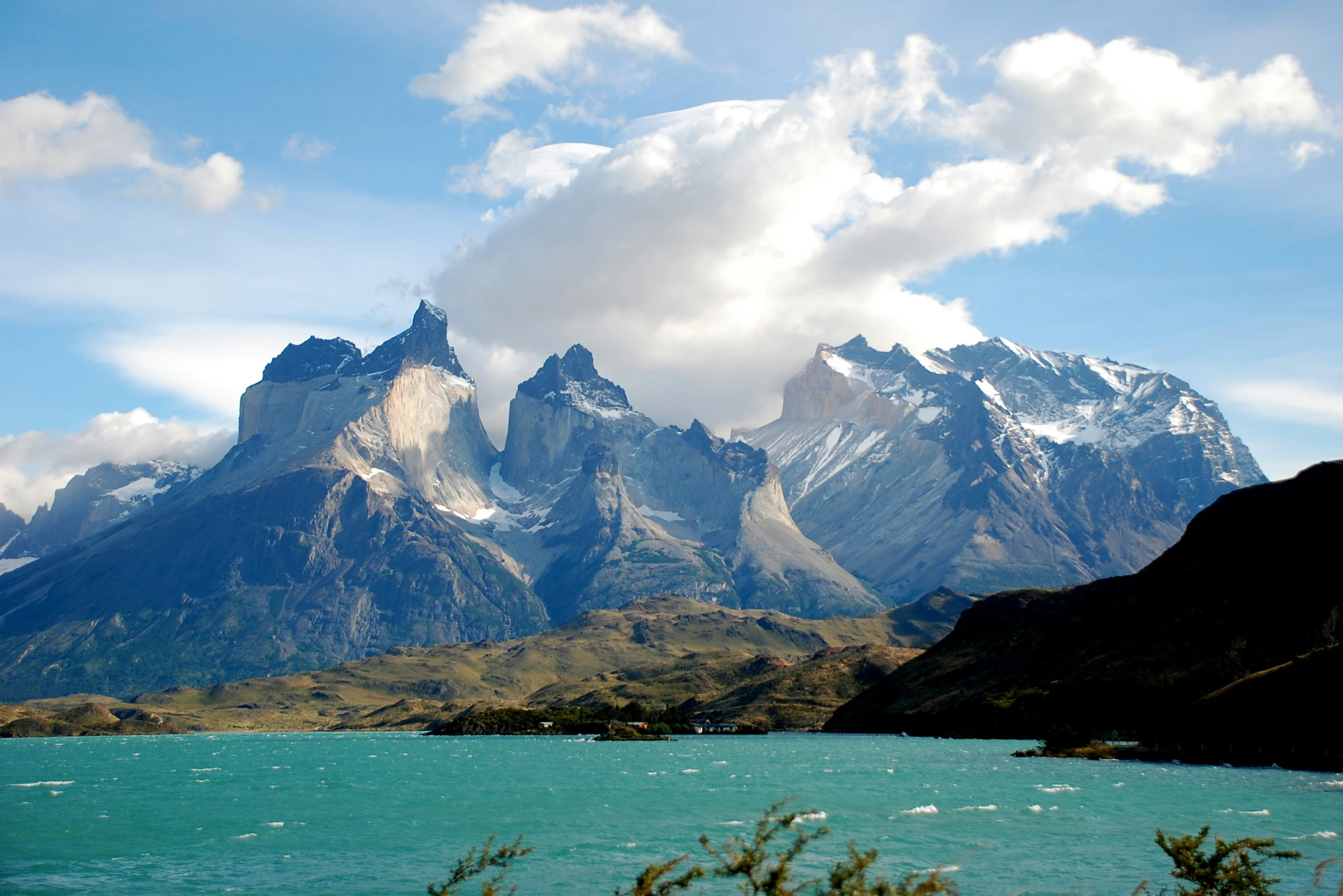 Dramatic Patagonian mountain peaks above a turquoise lake