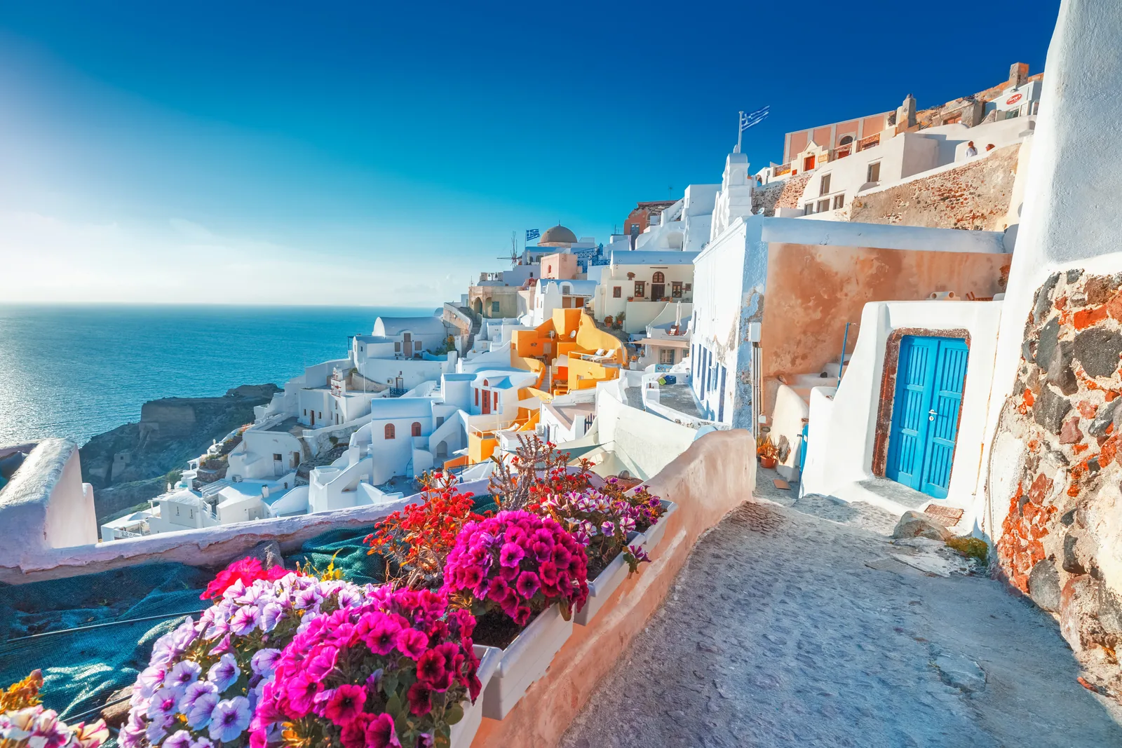 Flowers and white buildings overlooking Santorini’s caldera
