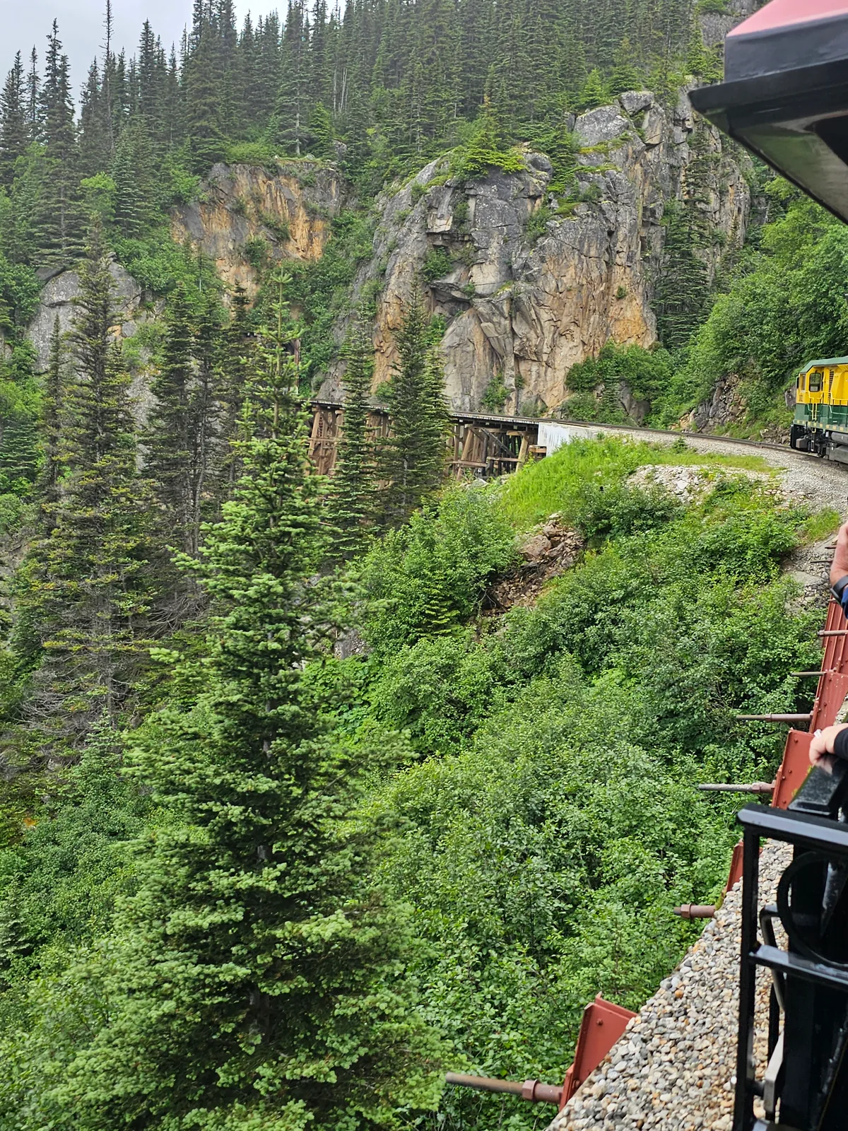 A train approaching a forested trestle on a White Pass excursion