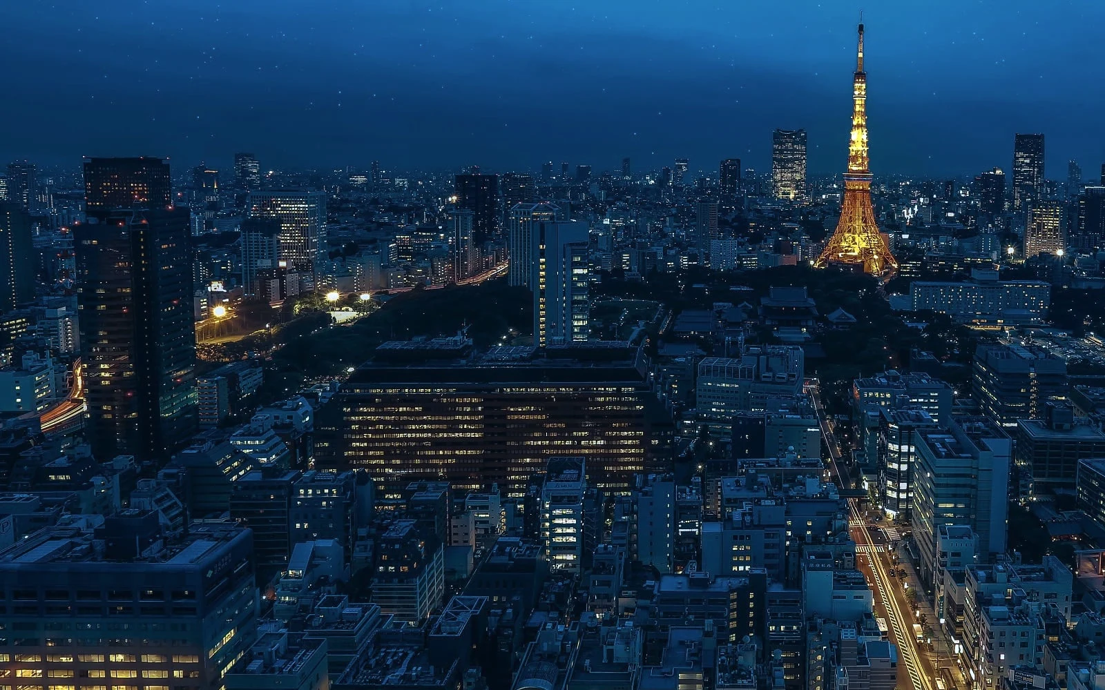 Tokyo Tower illuminated above the Tokyo skyline at night