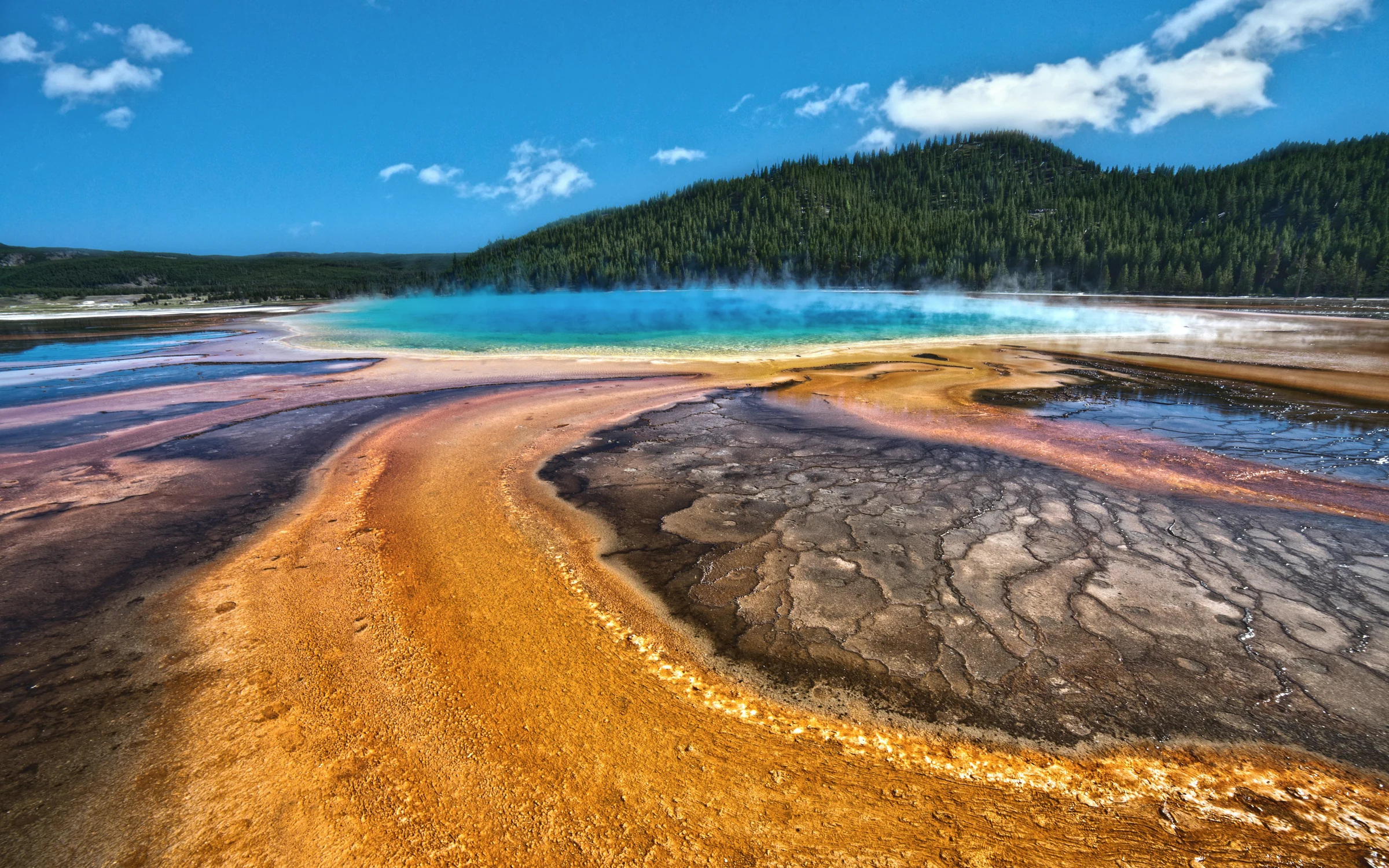 Steam rising above the colorful Grand Prismatic Spring in Yellowstone National Park