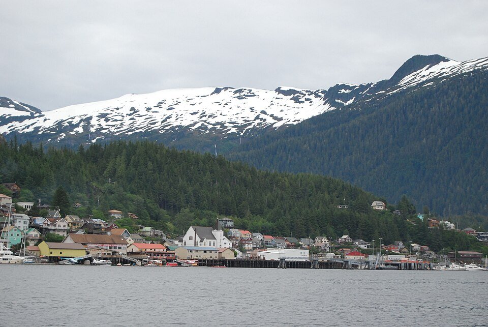 Ketchikan waterfront beneath forested mountains