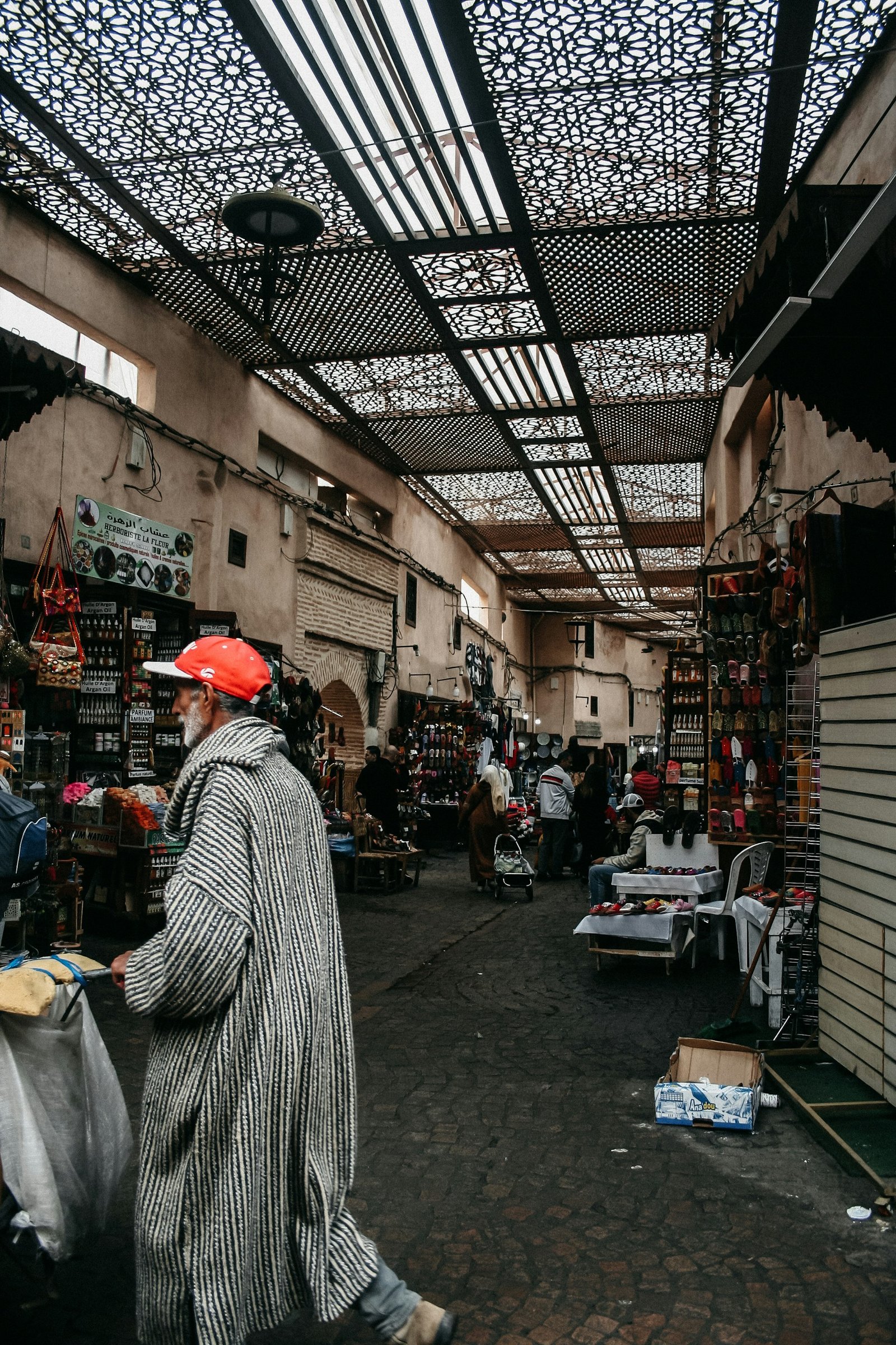 A covered market lane in the Marrakech medina.