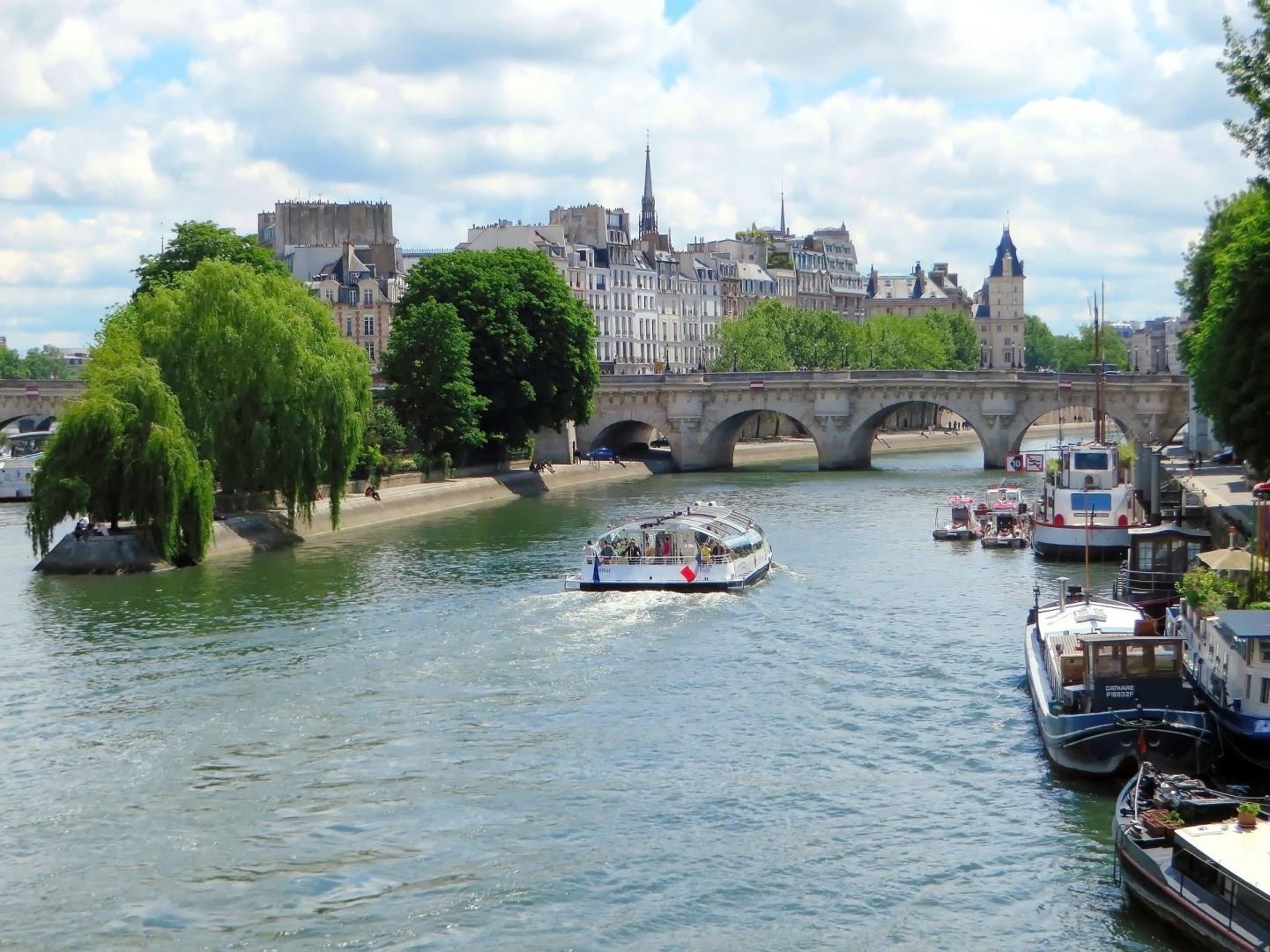 A sightseeing boat passing beneath the bridges of the Seine