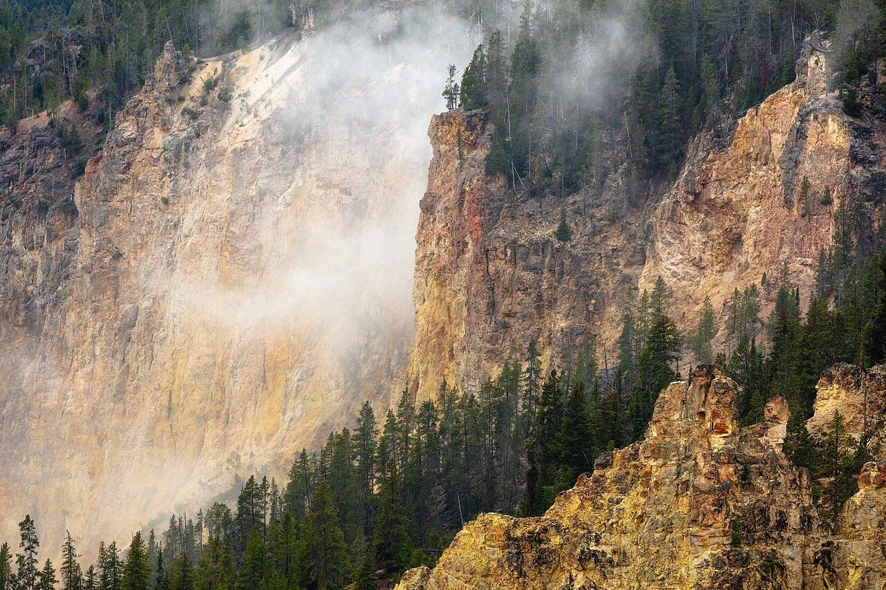 Mist drifting across yellow cliffs in the Grand Canyon of the Yellowstone.