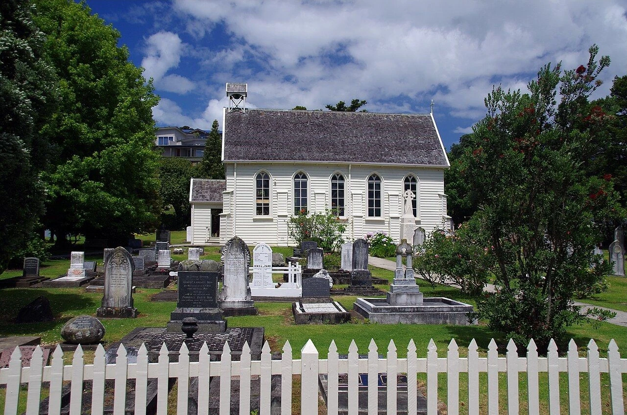 Christ Church and its churchyard in Russell, New Zealand.