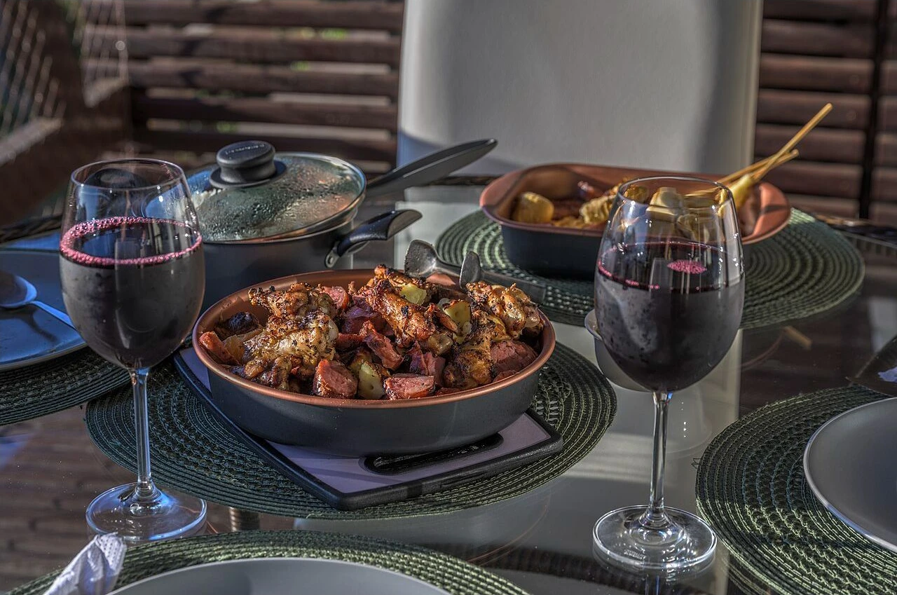 Brazilian dishes and wine served at a table in Rio de Janeiro