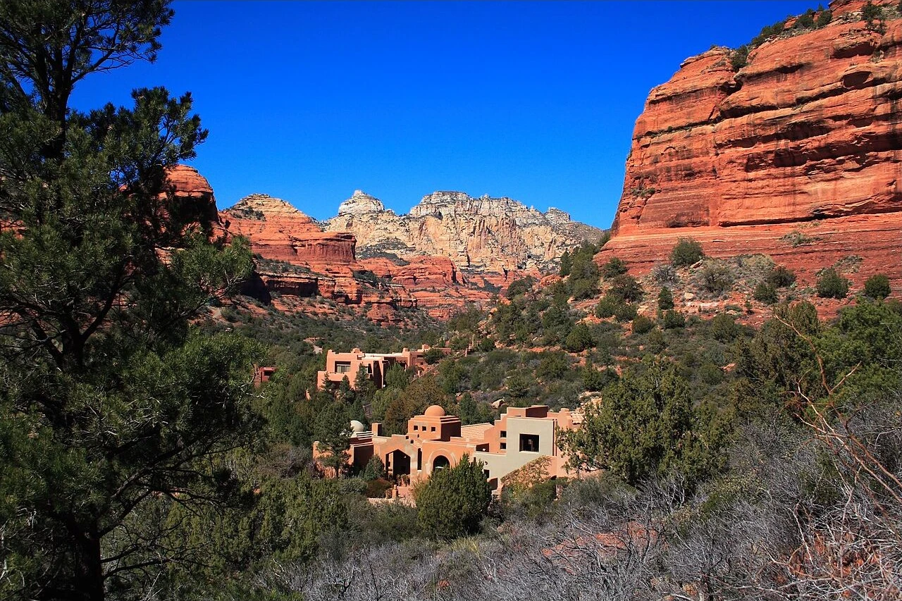 Red-rock canyon and resort buildings near Sedona