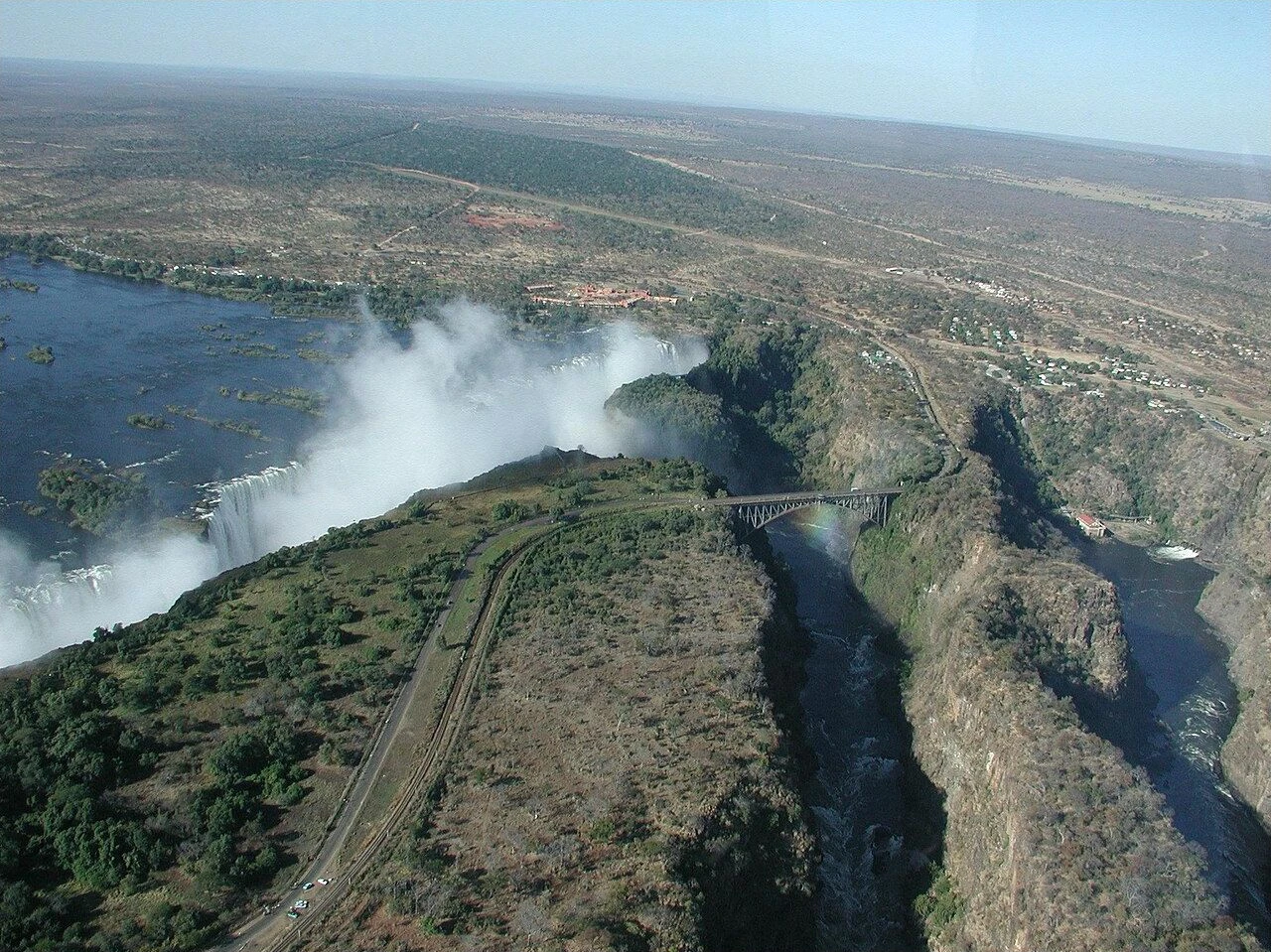 Victoria Falls and its gorge viewed from a helicopter