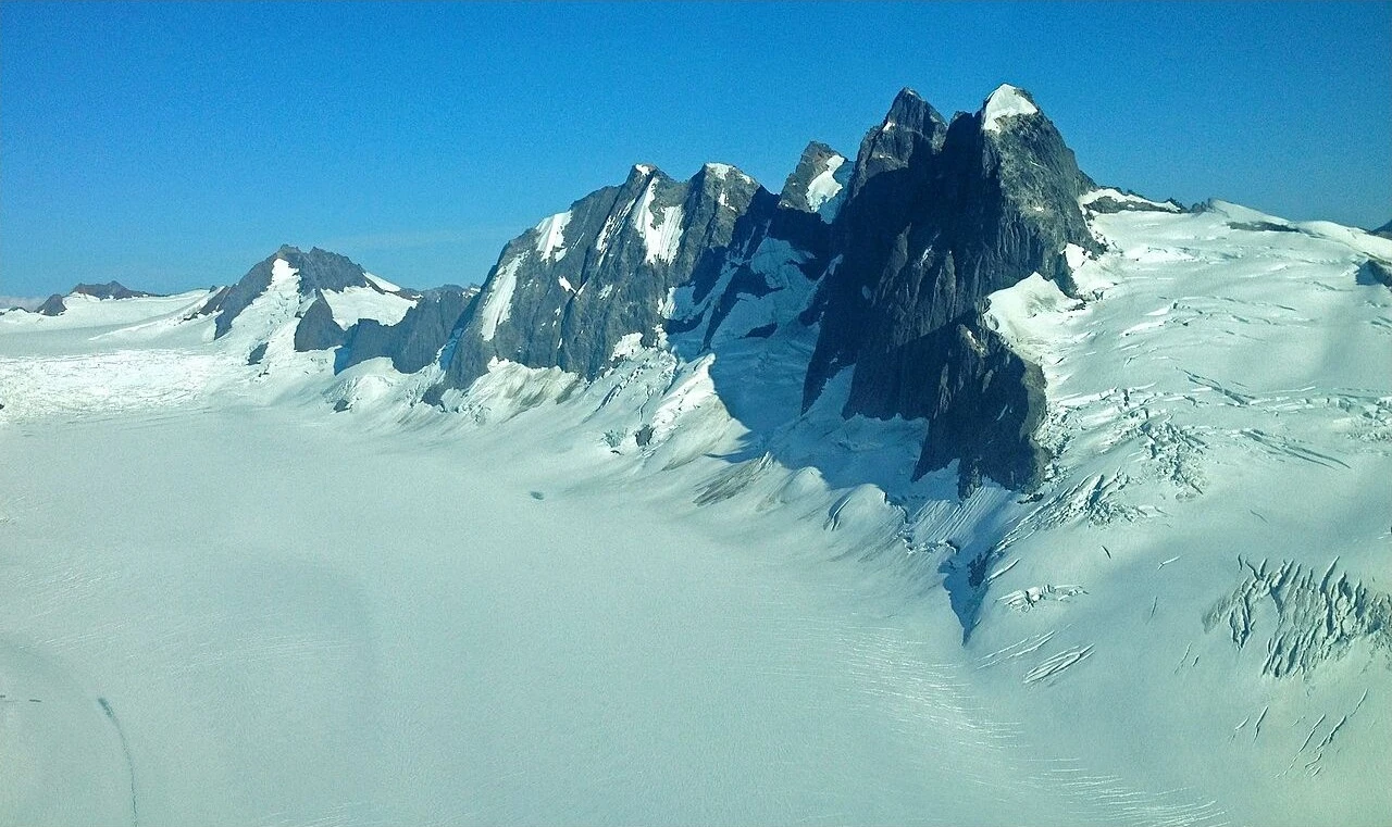 An aerial view of Mendenhall Towers and surrounding ice near Juneau, Alaska.