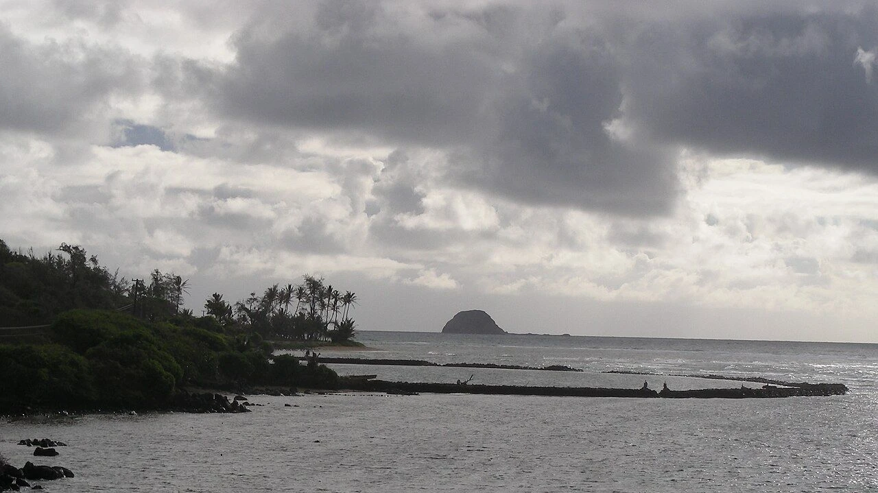 Stone-walled coastal fishpond on eastern Molokai