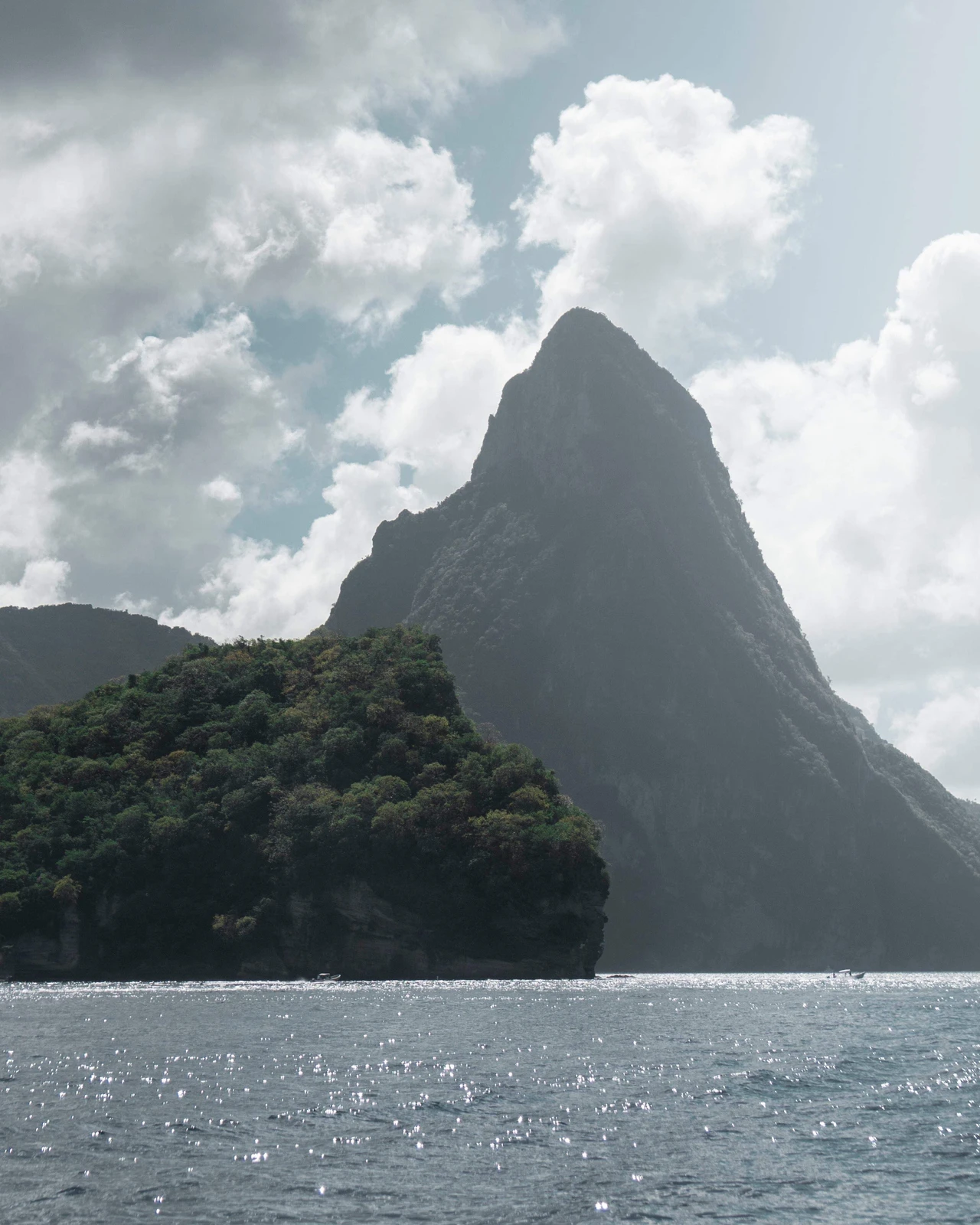 A Piton rising above the sea off Saint Lucia.