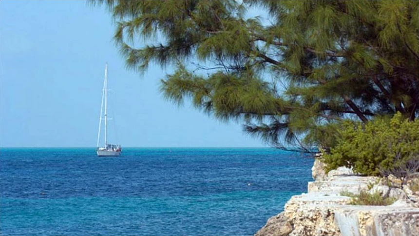 A sailing yacht off South Caicos, beyond a rocky tree-lined shore.