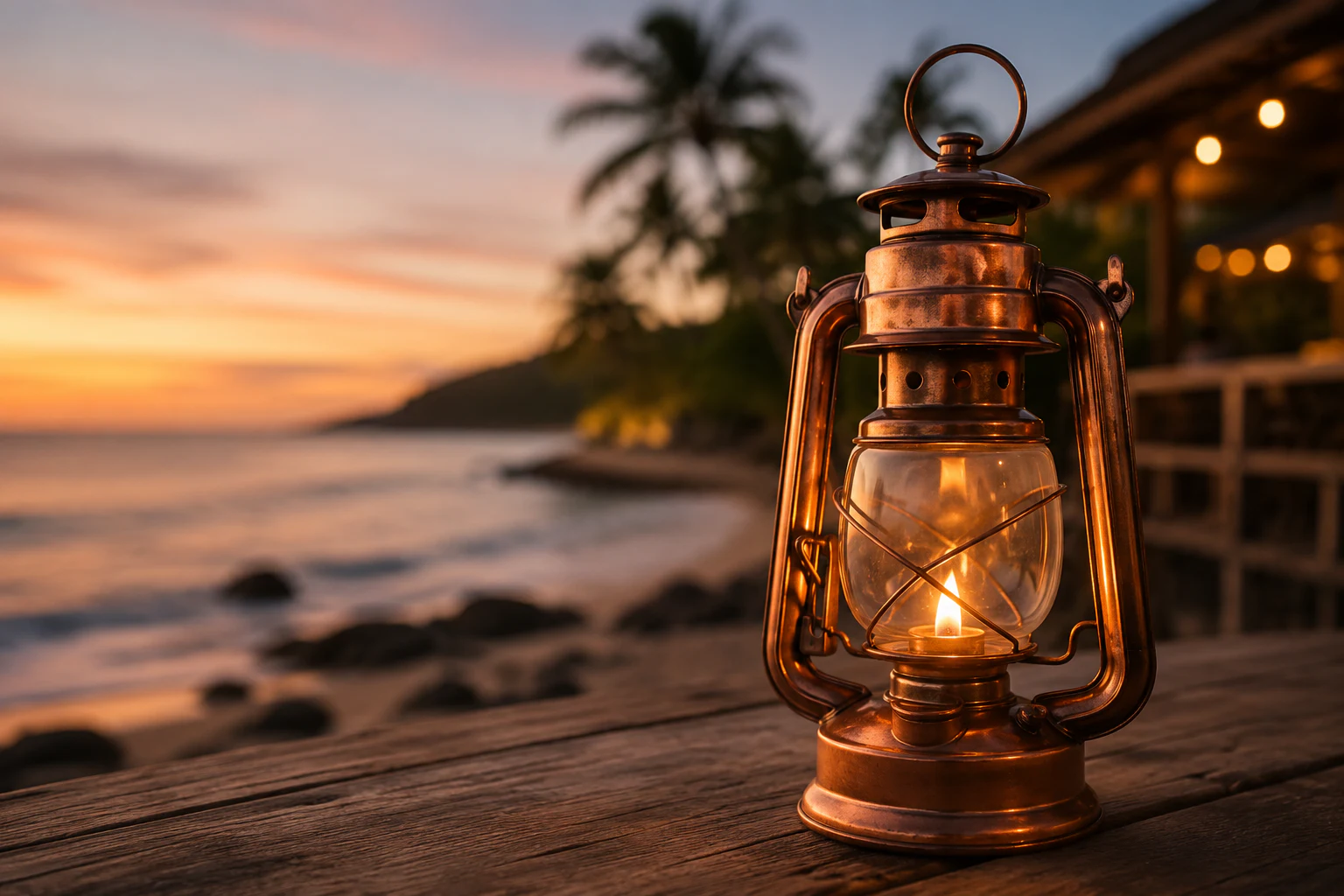 A glowing copper lantern beside the sea at sunset