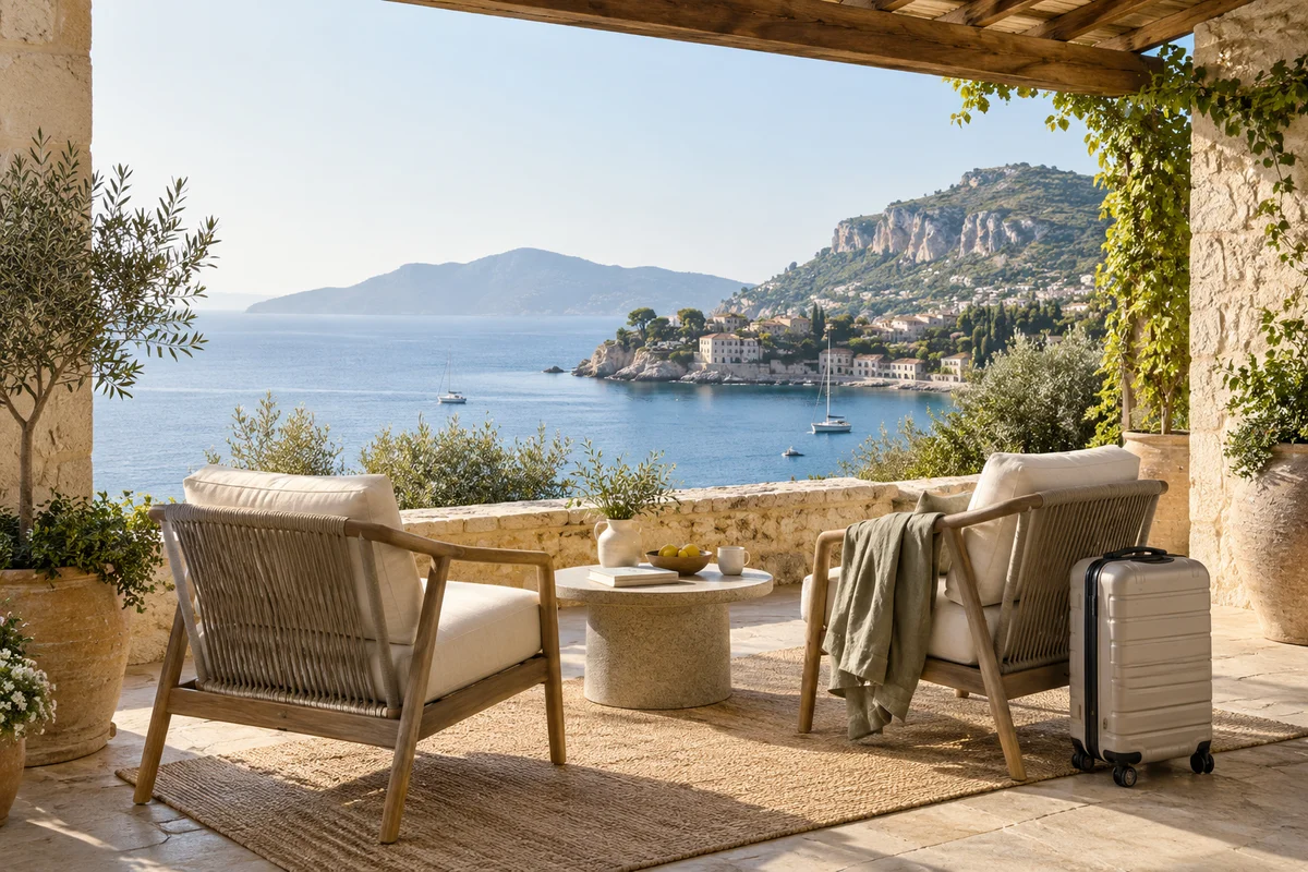A quiet terrace overlooking a Mediterranean bay