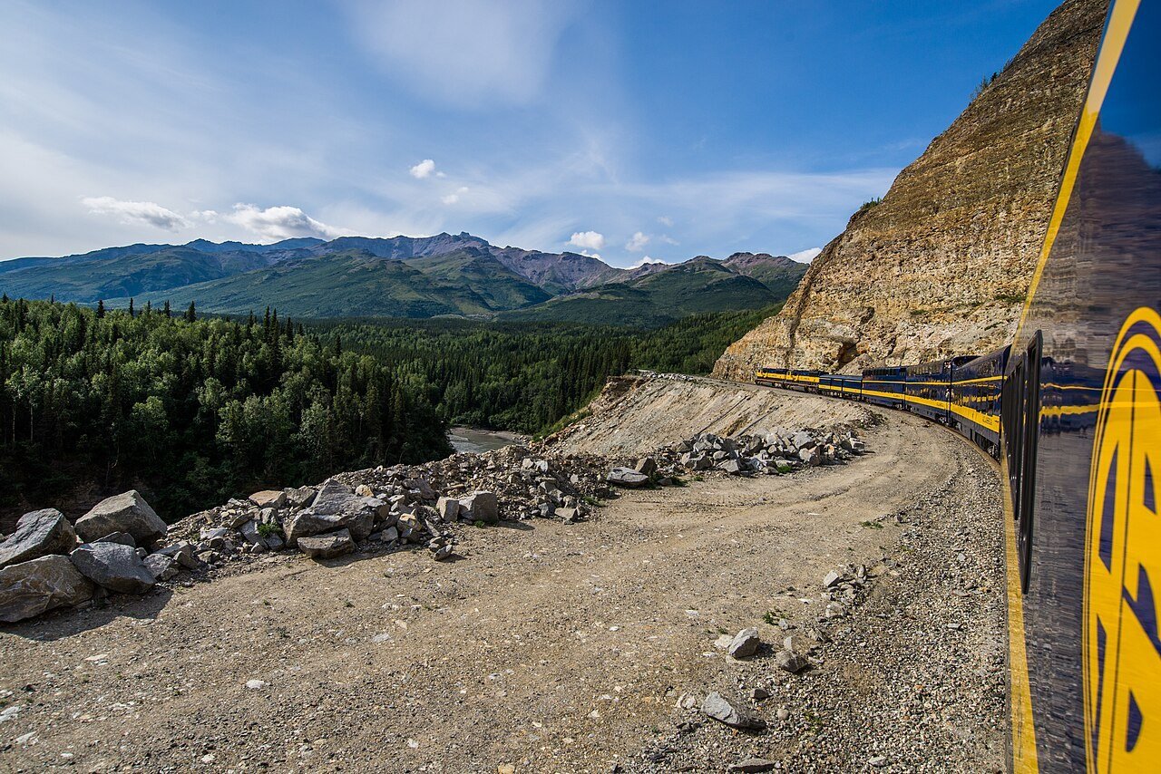 View from an Alaska Railroad train traveling through the landscape near Denali
