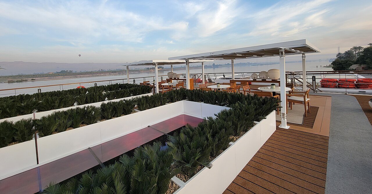 Open-air seating on the sun deck of Viking Osiris on the Nile
